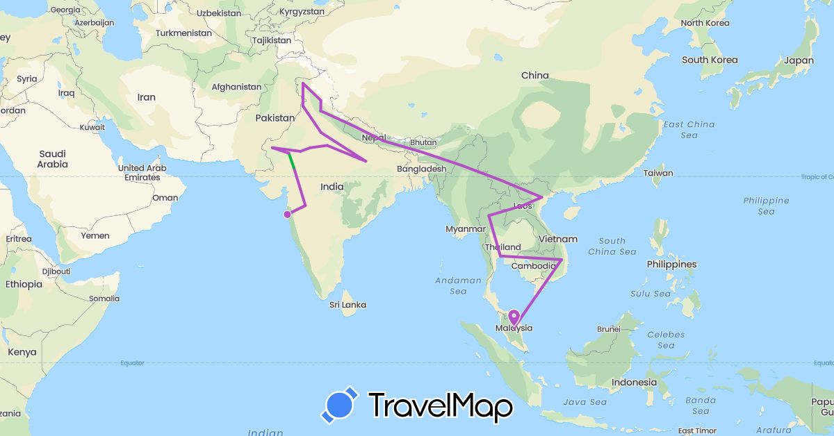 TravelMap itinerary: driving, bus, train in India, Laos, Malaysia, Nepal, Thailand, Vietnam (Asia)